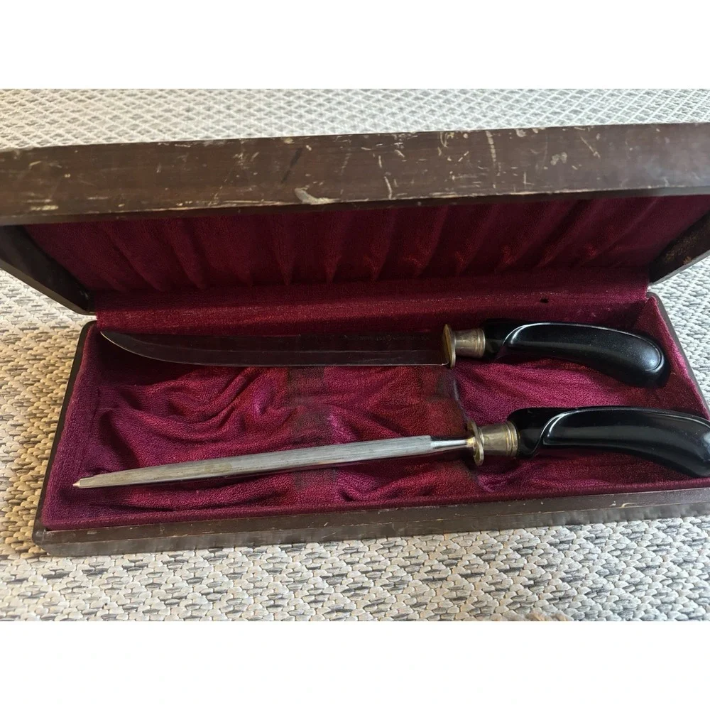 Vintage Ekco Flint Hollow Ground 2-Piece Carving Set Wood Box FUC Culinary Tools